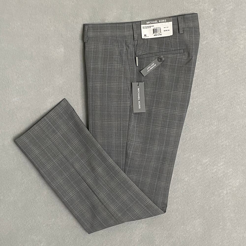 Michael Kors Men's 30x30 Suit Pant Modern Fit Wool Blend Lt Grey/Blue Check NEW
